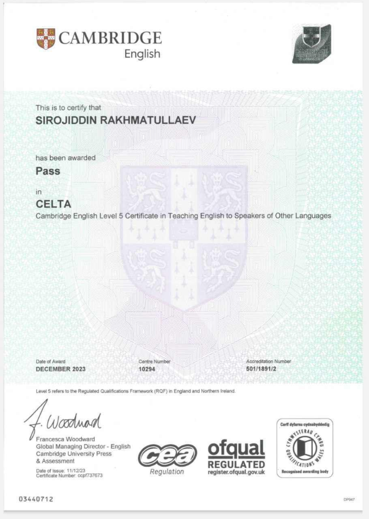 Cambridge CELTA Certificate — Sirojiddin Rakhmatullaev