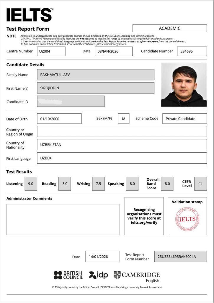 IELTS 8.0 Test Report Form — Sirojiddin Rakhmatullaev